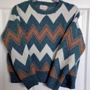 Chevron Pattern Crewneck Sweater - Teal, White, Tan